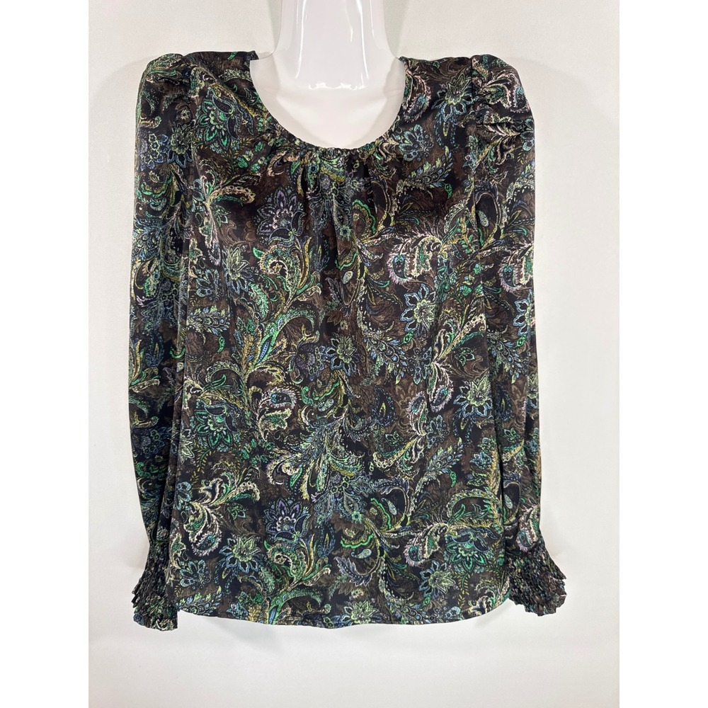 Pleione Womens Paisley Floral Smocked Cuff Blouse Multi Colored Med Whimsigoth